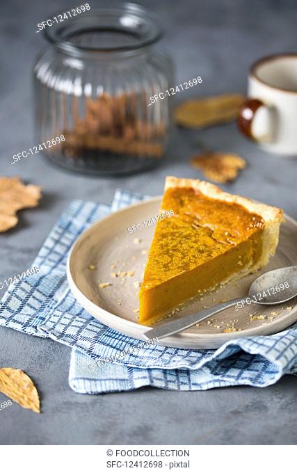 A slice of pumpkin pie on a plate with a spoon