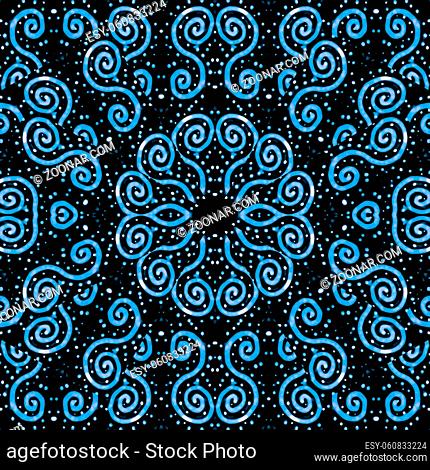 Spirals and dots motif oriental ornate style seamless pattern design in blue and black colors