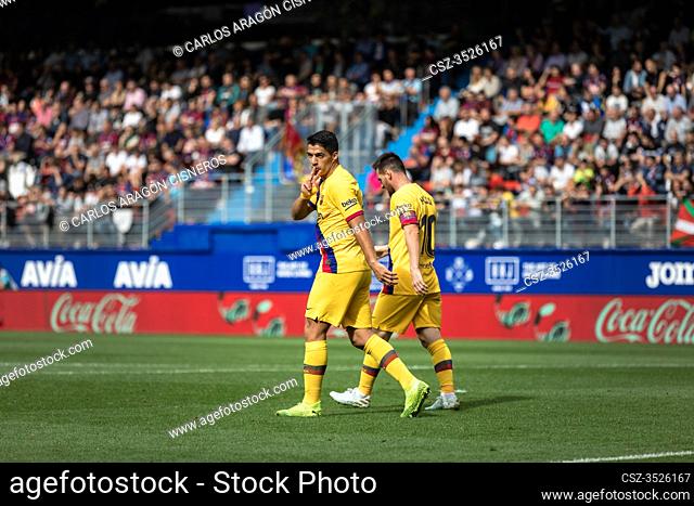 EIBAR, SPAIN - OCTOBRER 19, 2019: Luis Suarez and Leo Messi, Barcelona player, celebrate the goal of Suarez in the Spanish League match between Eibar and FC...
