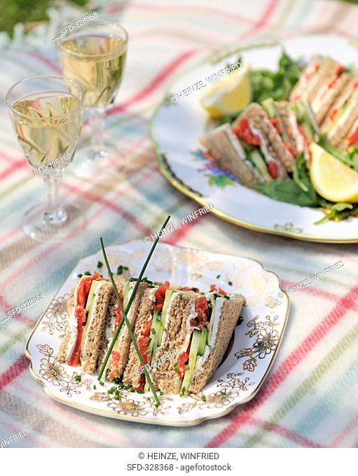 Smoked salmon, cream cheese & cucumber sandwiches for picnic