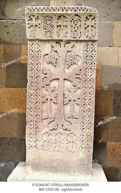 Historic cross-stone, khachkar, at the main Armenian orthodox cathedral, UNESCO World Heritage Site, Echmiadzin, Armenia, Asia