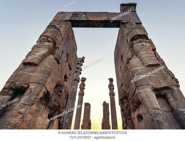 Ruins of the Gate of All Nations, part of Persepolis, ancient city of Persians, ceremonial capital of Achaemenid Empire in Iran