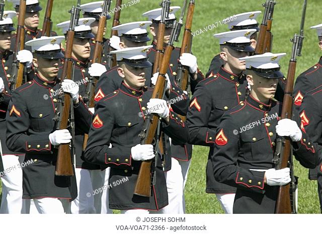 Military branches marching onto the South Lawn of the White House for the May 7, 2007 Official State Welcoming of Her Majesty Queen Elizabeth II and Prince...