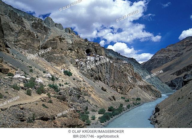 Phugtal Monastery or Phugtal Gompa, also known as swallow's nest monastery, Tsarap River, Zanskar, Ladakh, Indian Himalayas, Jammu and Kashmir, northern India