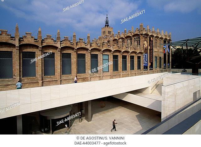 Entrance (1999-2002, architect Arata Isozaki) to CaixaForum, opened in the former Casaramona factory (1909-1910, architect Josep Puig i Cadafalch), Barcelona