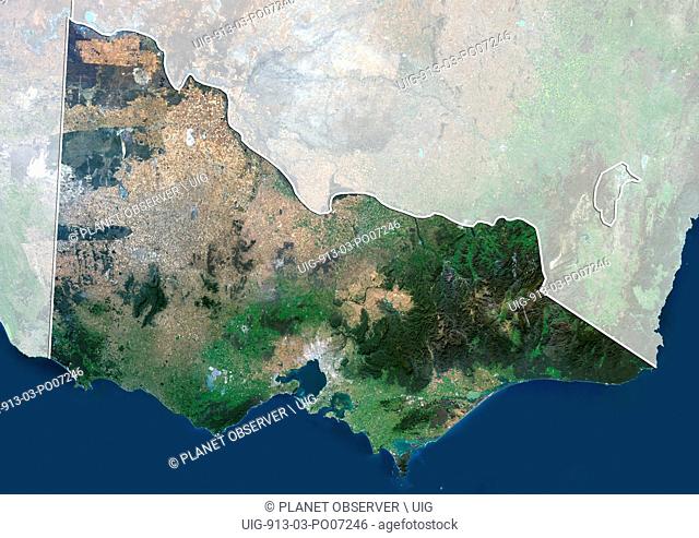 Satellite view of Victoria, Australia (with administrative boundaries and mask). This image was compiled from data acquired by Landsat 8 satellite in 2014