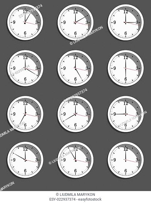 clocks showing different time. Vector