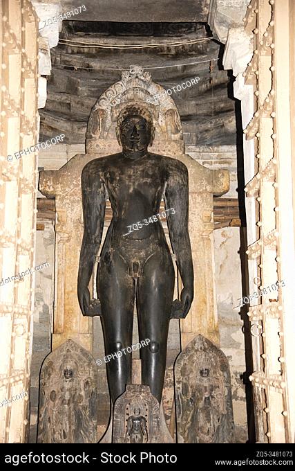 Carved idol of the Jain Tirthankar, Jain Basadi complex, dedicated to Parshvanatha, Shantinatha and Adinatha, Halebidu, Karnataka, India