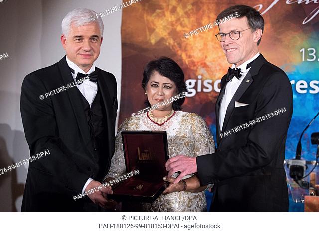 The President of the Republic of Mauritius, Ameenah Gurib-Fakim, receives the Dresden St. George medal during a reception at the Taschenbergpalais Kempinski...