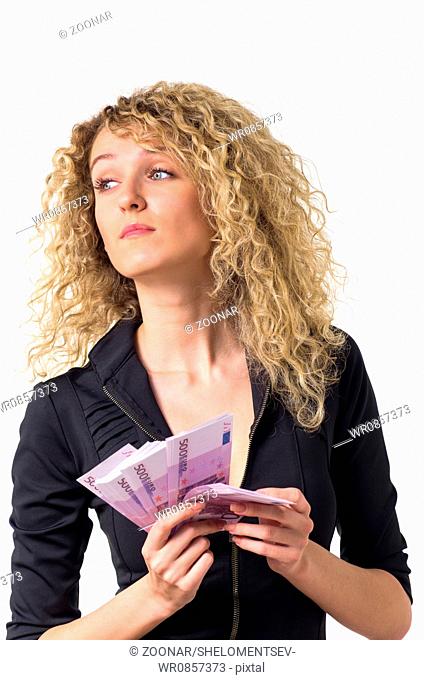 Business woman counts money sad