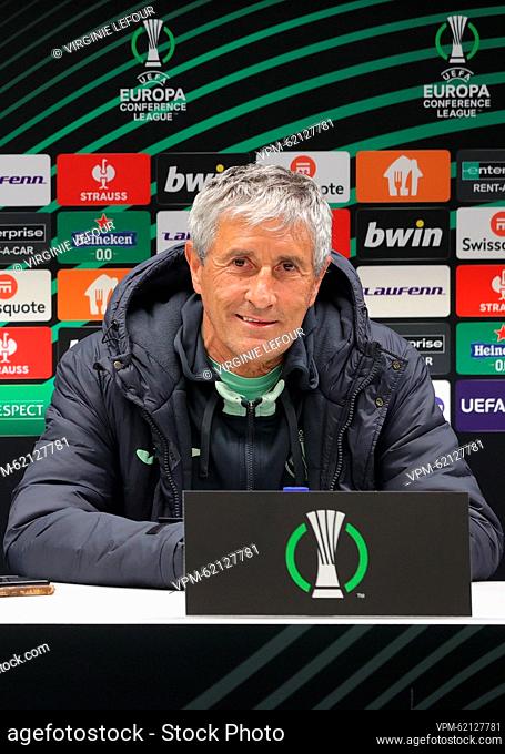 Villarreal's head coach Quique Setien pictured during a press conference of Spanish soccer team Villarreal CF, Wednesday 08 March 2023 in Brussels