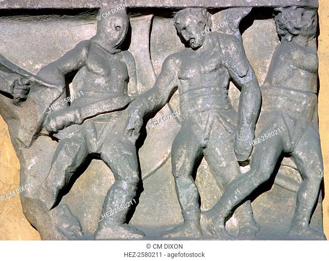 A Roman relief of gladiators, from Rome. Now in the National Museum at Rome, 3rd century