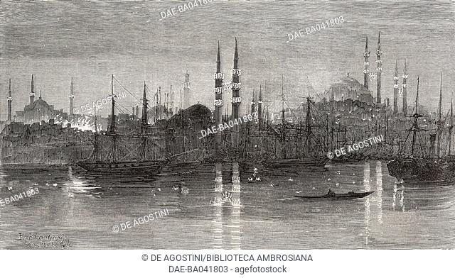 A night during Ramadan in Istanbul, Turkey, drawing by Blanchard, engraving by Best, Hotelin and Co, illustration from L'Illustration, Journal Universel, No 491
