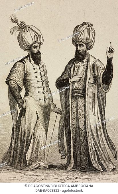 Yeni-tcheri-Agaci (Janissary Agha) and Cazi Asker or Cadi-Letchker (1540-1580), engraving by Lemaitre, Masson and Lesueur