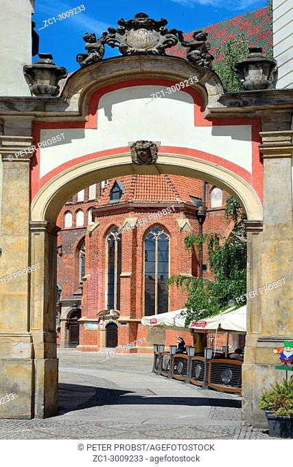 Portal front of St. Elizabeth Church in the Market Square the historical Old Town of Wroclaw - Poland. Caution: For the editorial use only