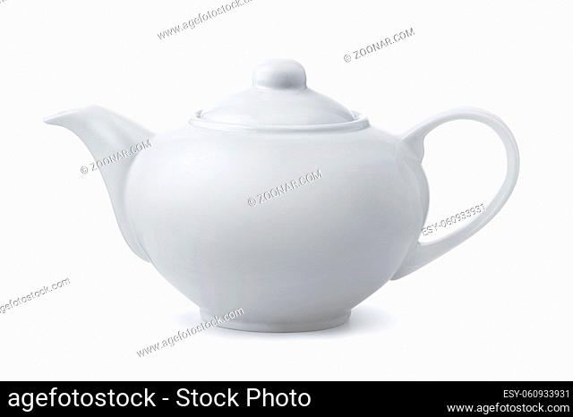 Side view of white ceramic teapot isolated on white