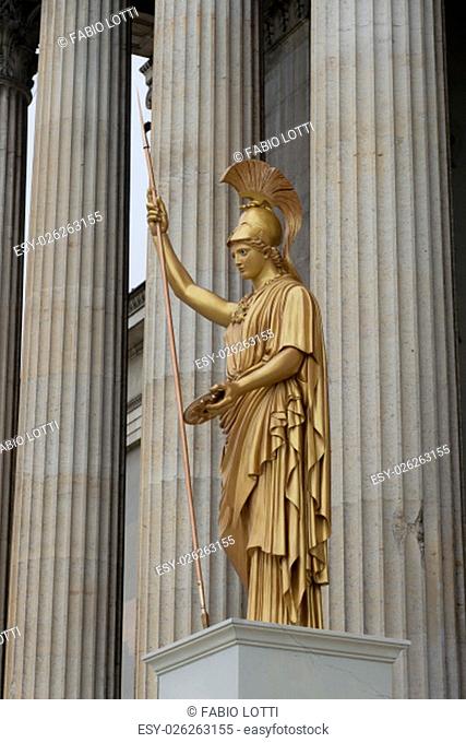 Statue of Athena on the facade of the Staatliche antikensammlungen, neoclassical museum in Munich, Germany