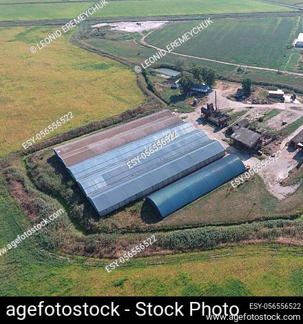 Top view of the hangars. Hangar of galvanized metal sheets for the storage of agricultural products and storage equipment