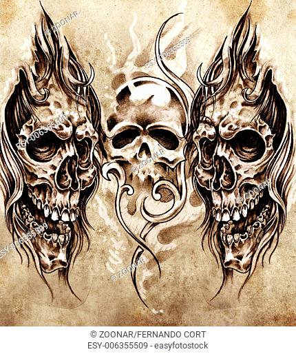 Sketch of tattoo art, skulls
