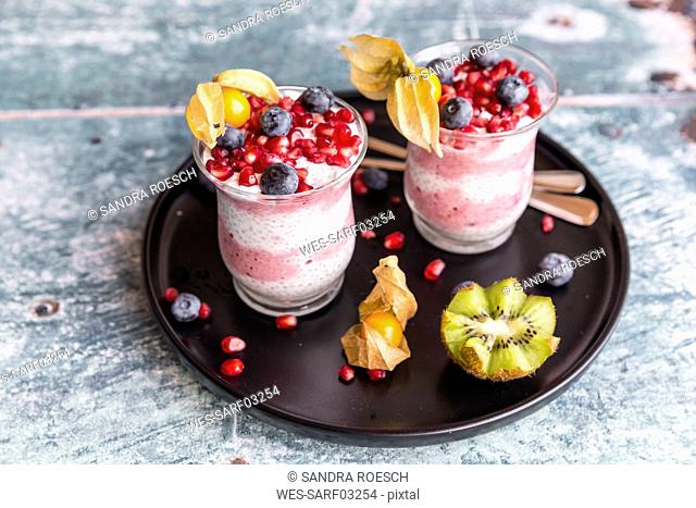Two glasses of chia pudding with several fruits