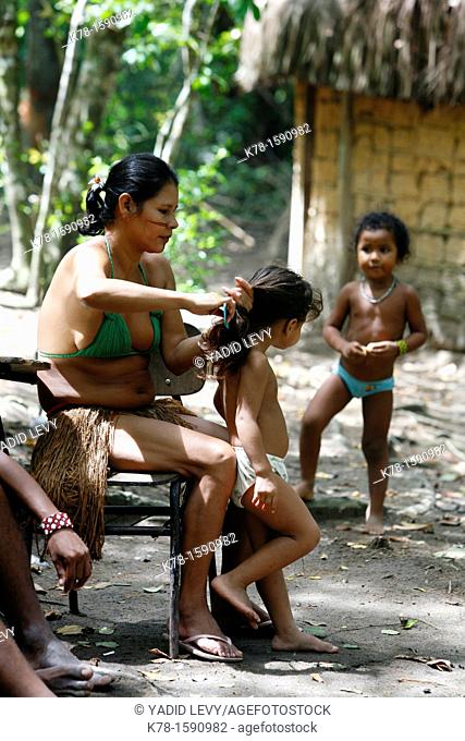 Pataxo Indian people at the Reserva Indigena da Jaqueira near Porto Seguro, Bahia, Brazil