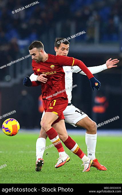 The Spezia player Jakub Kiwior and the Roma player Borja Mayoral during the Roma-Spezia match at the stadio Olimpico. Rome (Italy), December 13th, 2021