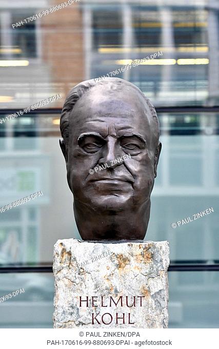 The bronze bust of former German Chancellor Helmut Kohl seen in front of the Axel Springer building in Berlin,  Germany, 16 June 2017