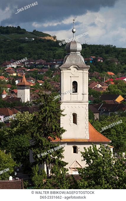 Romania, Transylvania, Hunedoara, elevated town view from Corvin Castle