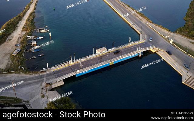 greece, greek islands, ionian islands, lefkada or lefkas, lefkada city, capital, swing bridge, bridge, firmly anchored ferry santa maura