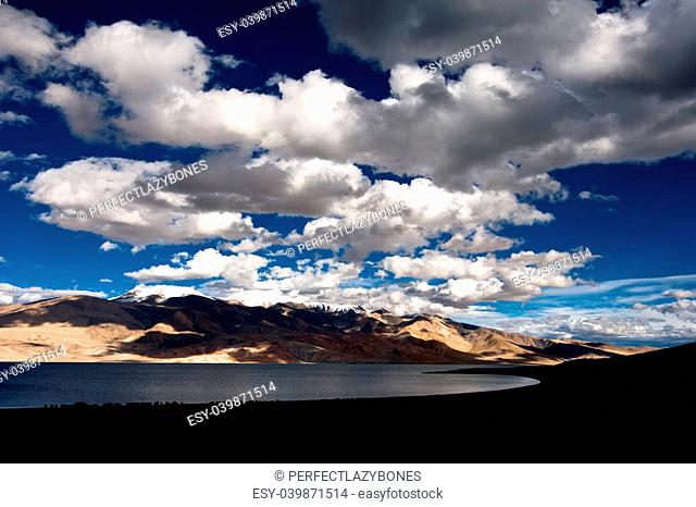 Sunset at Tso Moriri Lake. Himalaya mountains landscape with blue sky. India, Ladakh, altitude 4600 m
