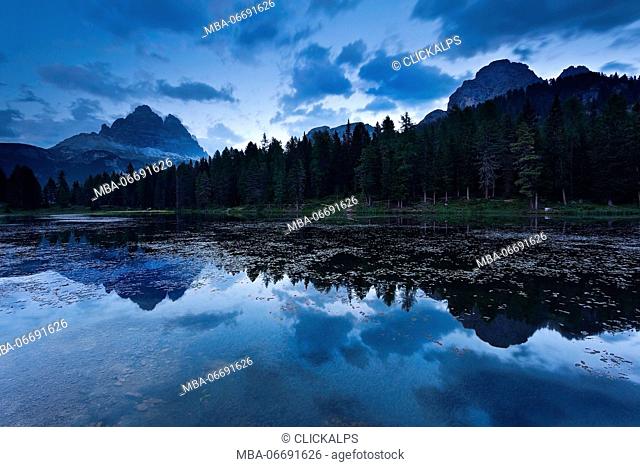 Europe, Italy, Veneto, Dolomities, Belluno district. Antorno lake at dusk