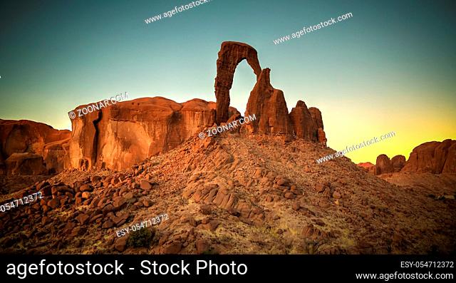Abstract Rock formation at plateau Ennedi aka window arch at sunset, in Chad