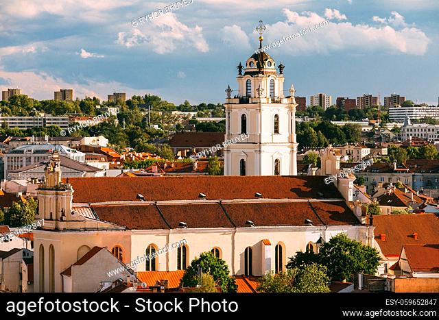 Vilnius, Lithuania. View Of Bell Tower And Church Of St. Johns, St. John The Baptist And St. John The Apostle And Evangelist In Old Town