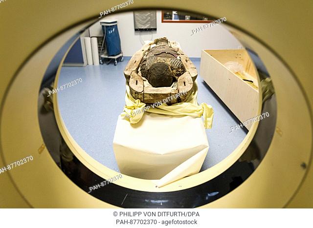 A mummy of the University of Goettingen lies on the stretcher of a computer tomographic machine at the Hospital St. Bernward in Hildesheim, Germany