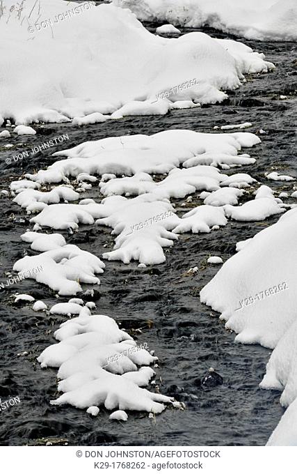 Fresh snow and running water in the Lamar Valley, Yellowstone NP, Wyoming, USA