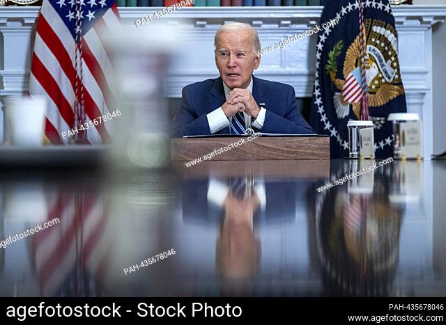 United States President Joe Biden outlines efforts to counter the flow of fentanyl into the United States during a meeting in the Roosevelt Room of the White...