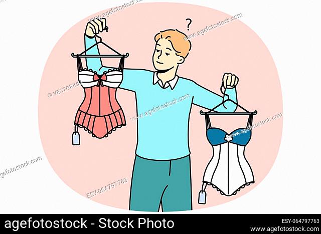 Confused young man choosing lingerie for girlfriend in shop. Frustrated male buying sexy underwear or body for woman. Vector illustration