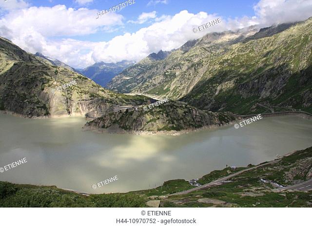 Switzerland, Europe, Bernese Oberland, Grimsel Pass, Grimsel, reservoir, dam, dam wall, hospice, Grimselsee, cliff