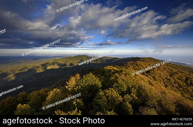 Sunset on the Montnegre mountain, seen from the Turó Gros guard tower in autumn (Barcelona, Catalonia, Spain)