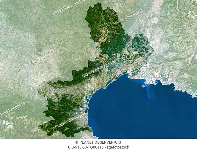 Languedoc-Roussillon Region, France, True Colour Satellite Image With Mask. Languedoc Roussillon region, France, true colour satellite image with mask