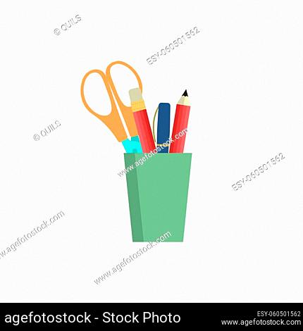 Simple green pencil holder isolated on white background icon. Pencils, pen, scissors. Flat vector illustration element