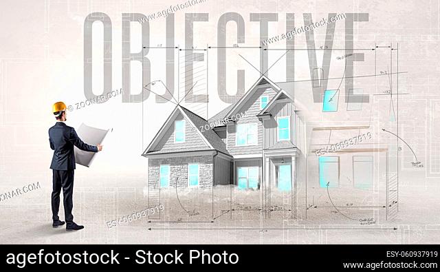 Young engineer holding blueprint with OBJECTIVE inscription, house planning concept