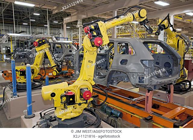 Detroit, Michigan - Robots assemble Chrysler's new Jeep Grand Cherokee at the Jefferson North Assembly Plant