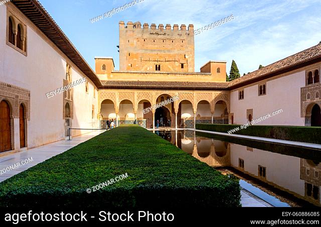Granada, Spain - 5 February, 2021: the Patio de Arrayanes in the Nazaries Palace in the Alhambra in Granada