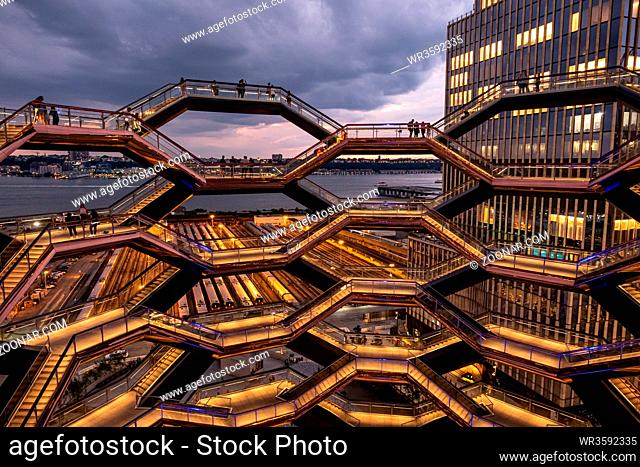 New York City - USA - Jul 2 2019: Modern architecture building Vessel spiral staircase is the centerpiece of the Hudson Yards in New York City