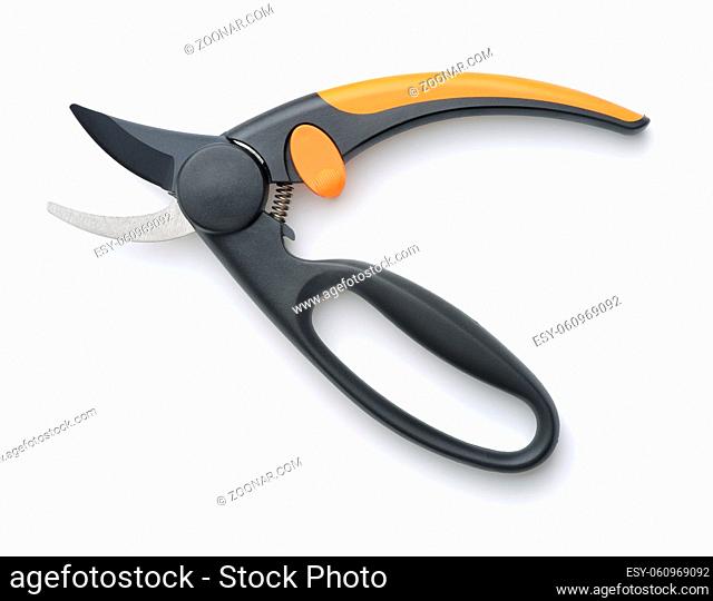 Side view of black garden pruner isolated on white
