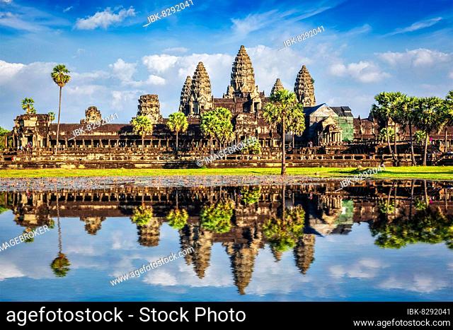 Angkor Wat temple, Cambodia iconic landmark with reflection in water