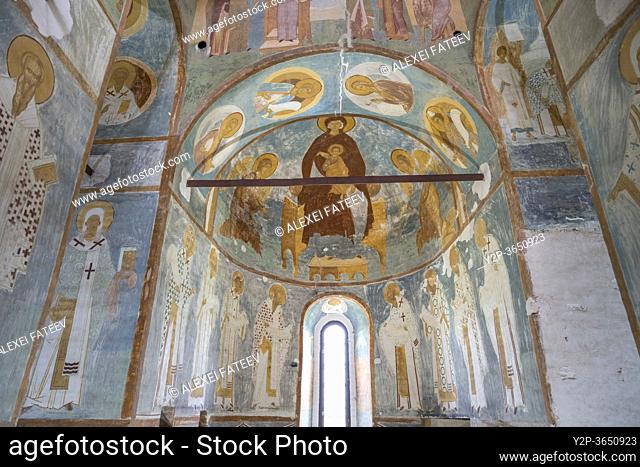 Mother of God on the Throne with Archangels Michael and Gabriel. Frescoes by Dionisius inside Cathedral of Nativity of the Virgin in Ferapontov monastery