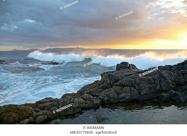 Spain, Lanzarote, Playa Blanca, Rock coast, surf, dusk  Canaries, Canaries island, coast, rocks, sea, waves, Water, sea It movement, spray, waves, nature