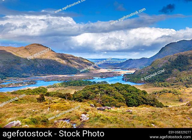 Landscape from Ladies View is a scenic viewpoint on the Ring of Kerry tourist route. Ireland